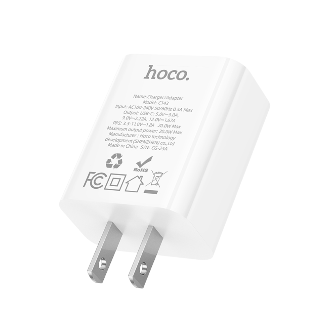Cargador de pared HOCO USB C PD de 20W en color blanco
