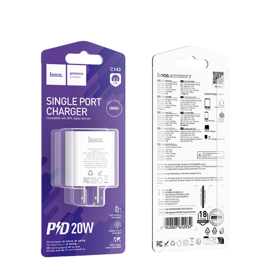 Cargador de pared HOCO USB C PD de 20W en color blanco