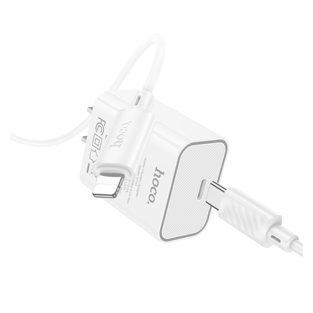 Imagen de Cable HOCO Kit de Carga USB C PD de 20W con Cable Lightning en color blanco