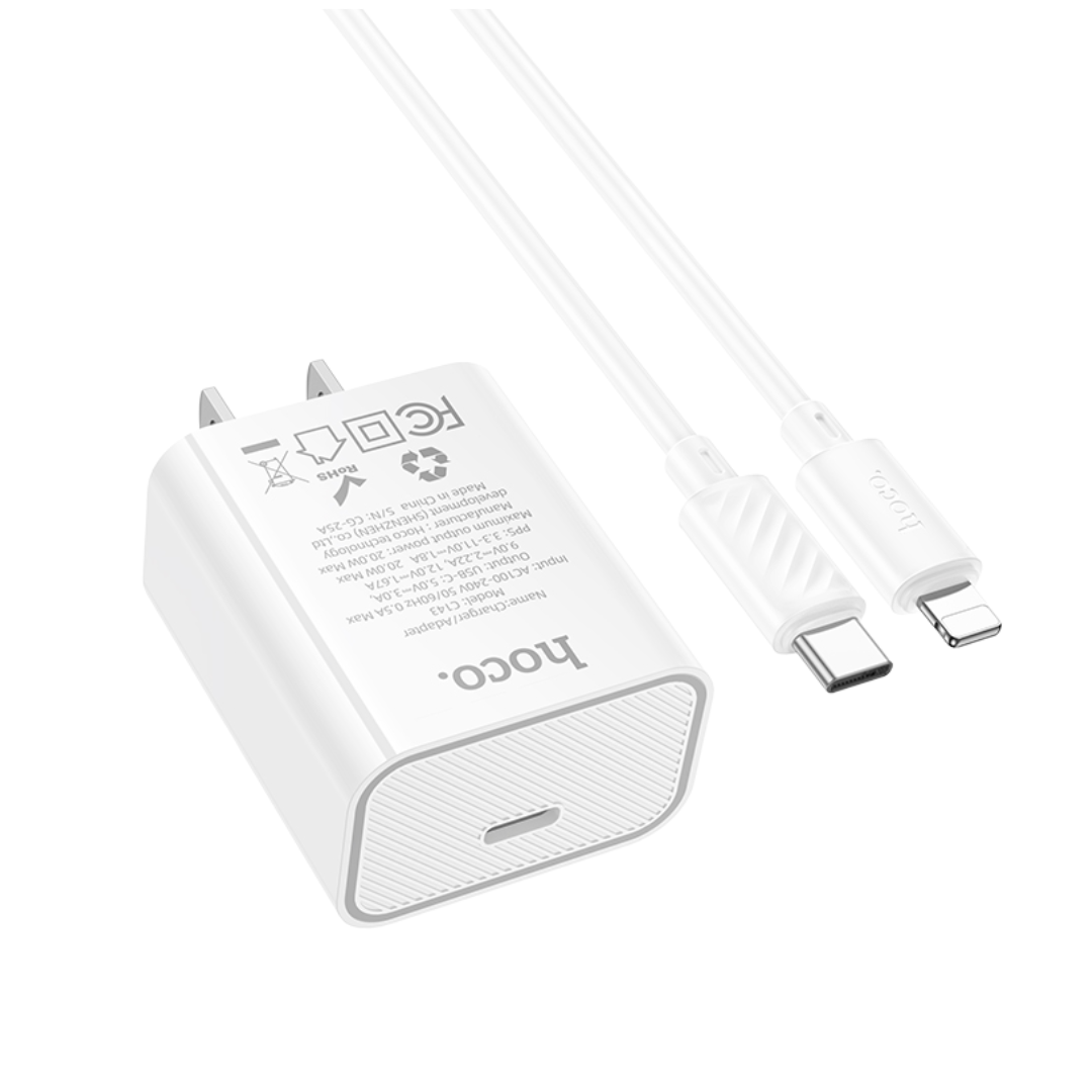 Cable HOCO Kit de Carga USB C PD de 20W con Cable Lightning en color blanco