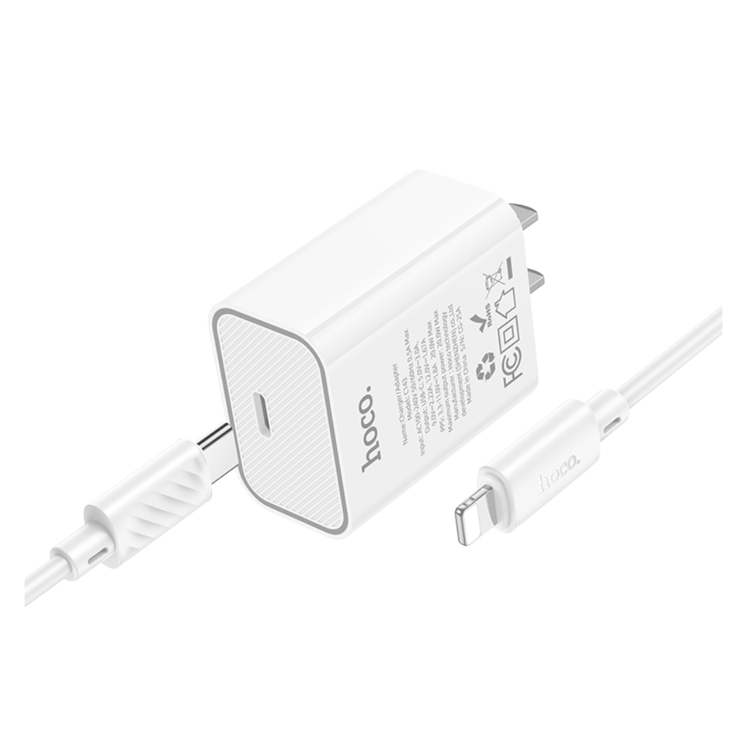 Cable HOCO Kit de Carga USB C PD de 20W con Cable Lightning en color blanco