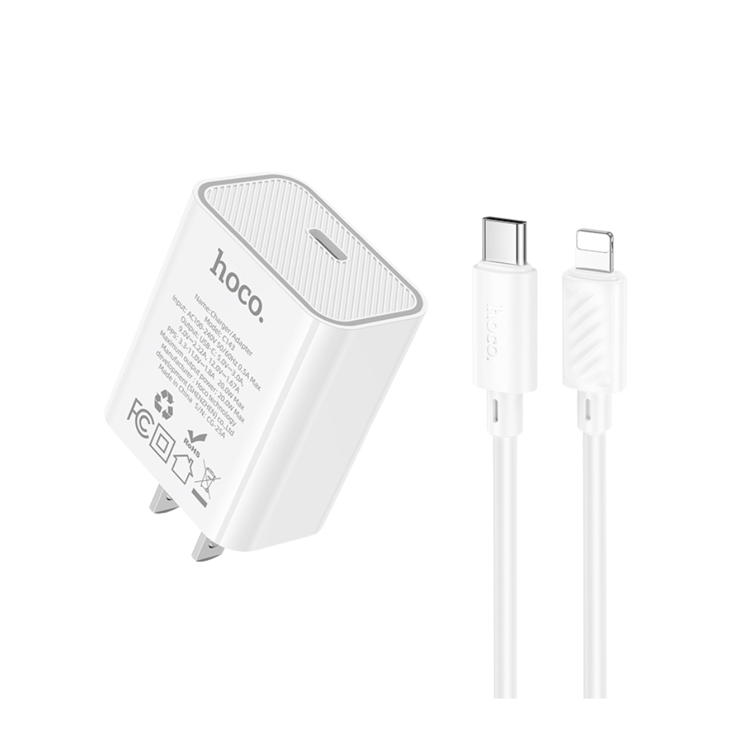 Cable HOCO Kit de Carga USB C PD de 20W con Cable Lightning en color blanco