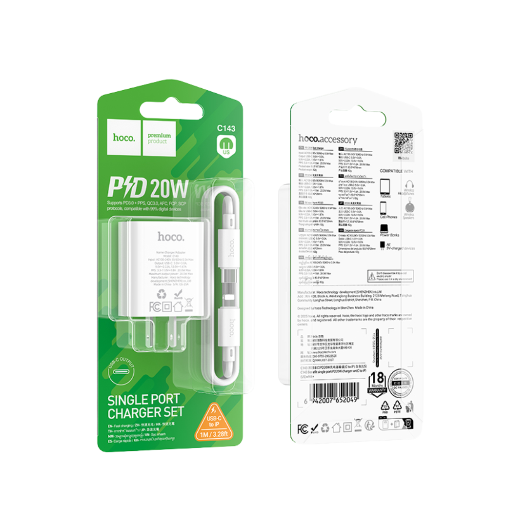 Cable HOCO Kit de Carga USB C PD de 20W con Cable Lightning en color blanco