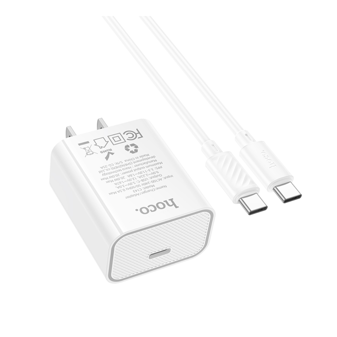 Cable HOCO Kit de Carga USB C PD de 20W con Cable USB C en color blanco