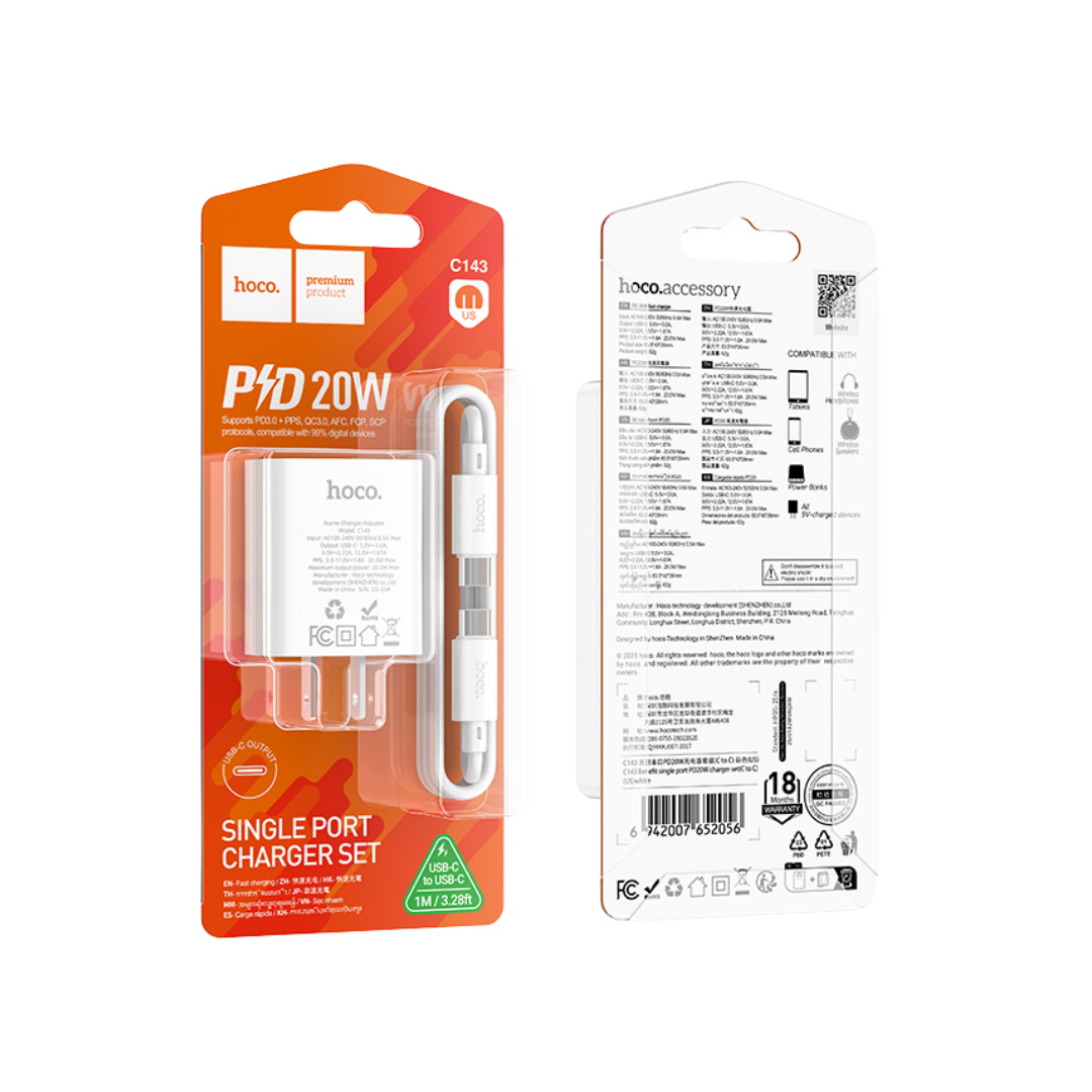 Cable HOCO Kit de Carga USB C PD de 20W con Cable USB C en color blanco