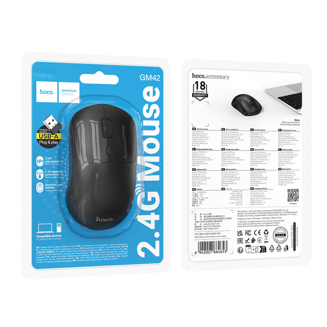 HOCO Mouse Inalámbrico Platino 2.4G en color negro