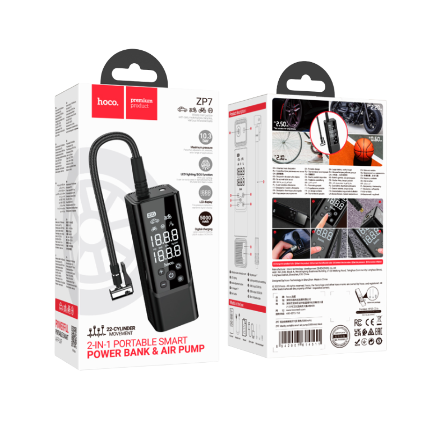 HOCO Maddy portable smart air pump(5,000 mAh) en color negro