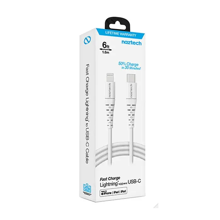 Cable Naztech PD MFI Lightning a USB C 2 metros en color blanco