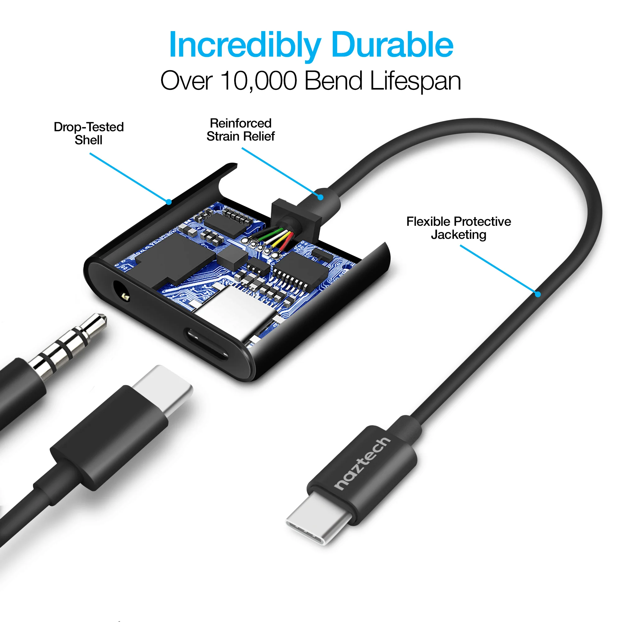 Cargador Naztech Adaptador USB C a 3.5mm Audio + cargador en color negro
