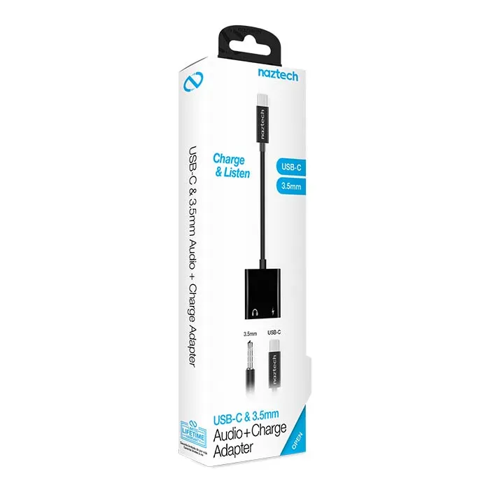 Cargador Naztech Adaptador USB C a 3.5mm Audio + cargador en color negro