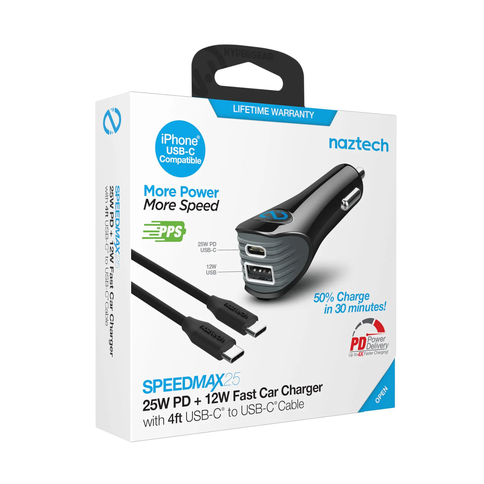 Cargador para automóvil Naztech para Carro de USB C a USB C