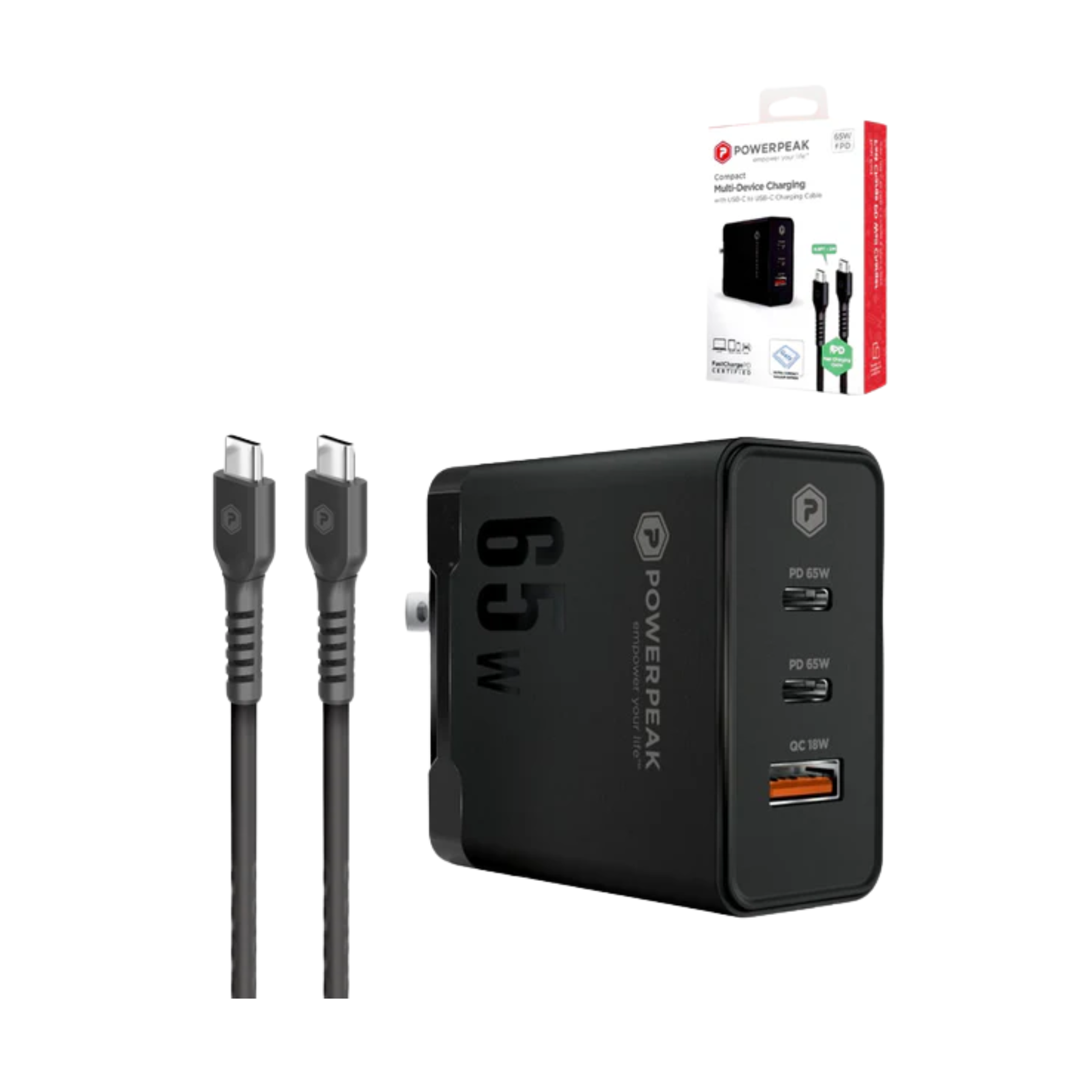 Cargador PowerPeak rápido 65W triple puerto con cable USB C GaN en color negro