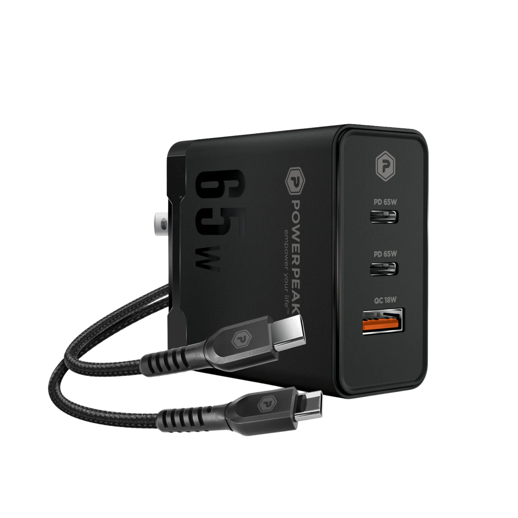 Cargador PowerPeak rápido 65W triple puerto con cable USB C GaN en color negro