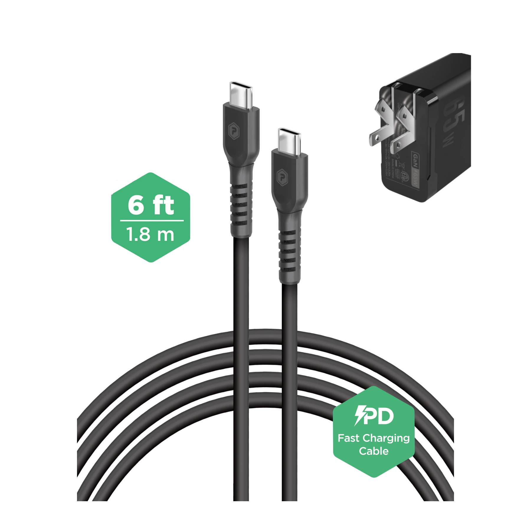 Cargador PowerPeak rápido 65W triple puerto con cable USB C GaN en color negro
