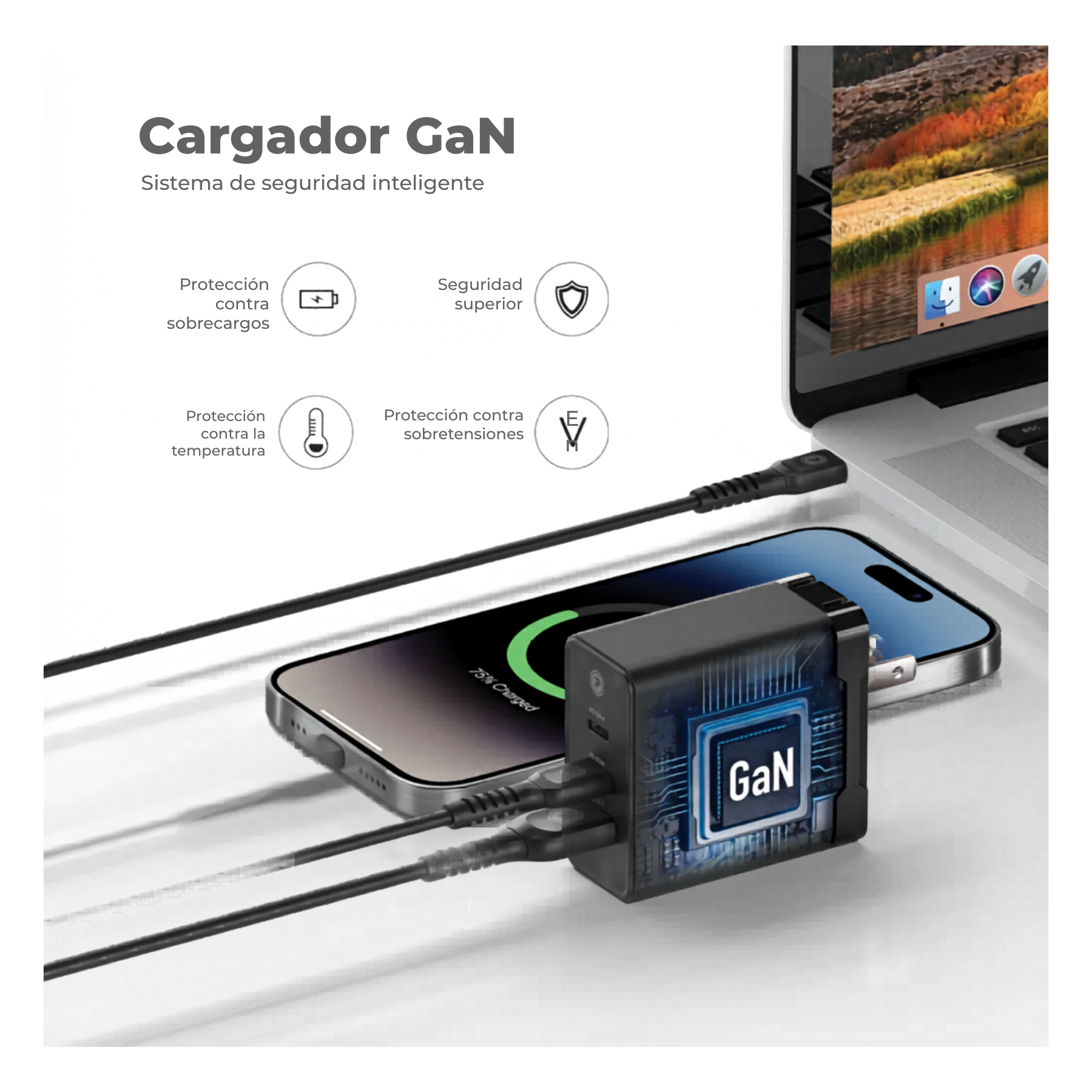 Cargador PowerPeak rápido 65W triple puerto con cable USB C GaN en color negro