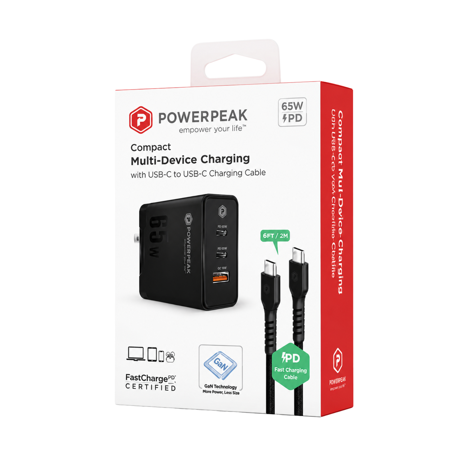 Cargador PowerPeak rápido 65W triple puerto con cable USB C GaN en color negro