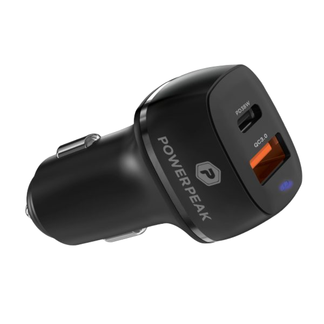 Cargador para automóvil PowerPeak con puerto doble de 38W PD en color negro
