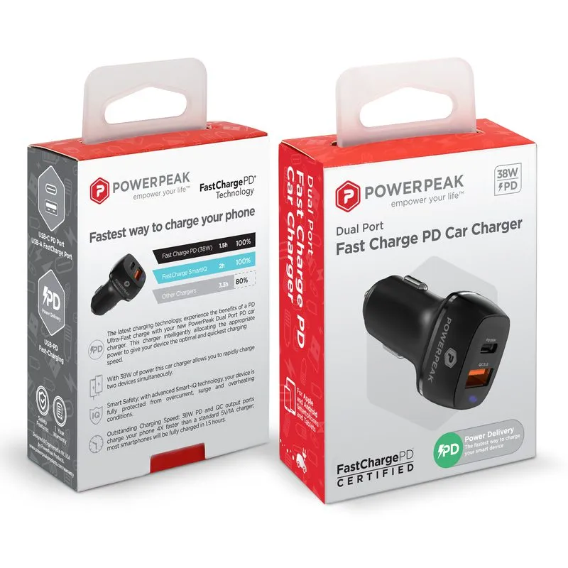 Cargador para automóvil PowerPeak con puerto doble de 38W PD en color negro