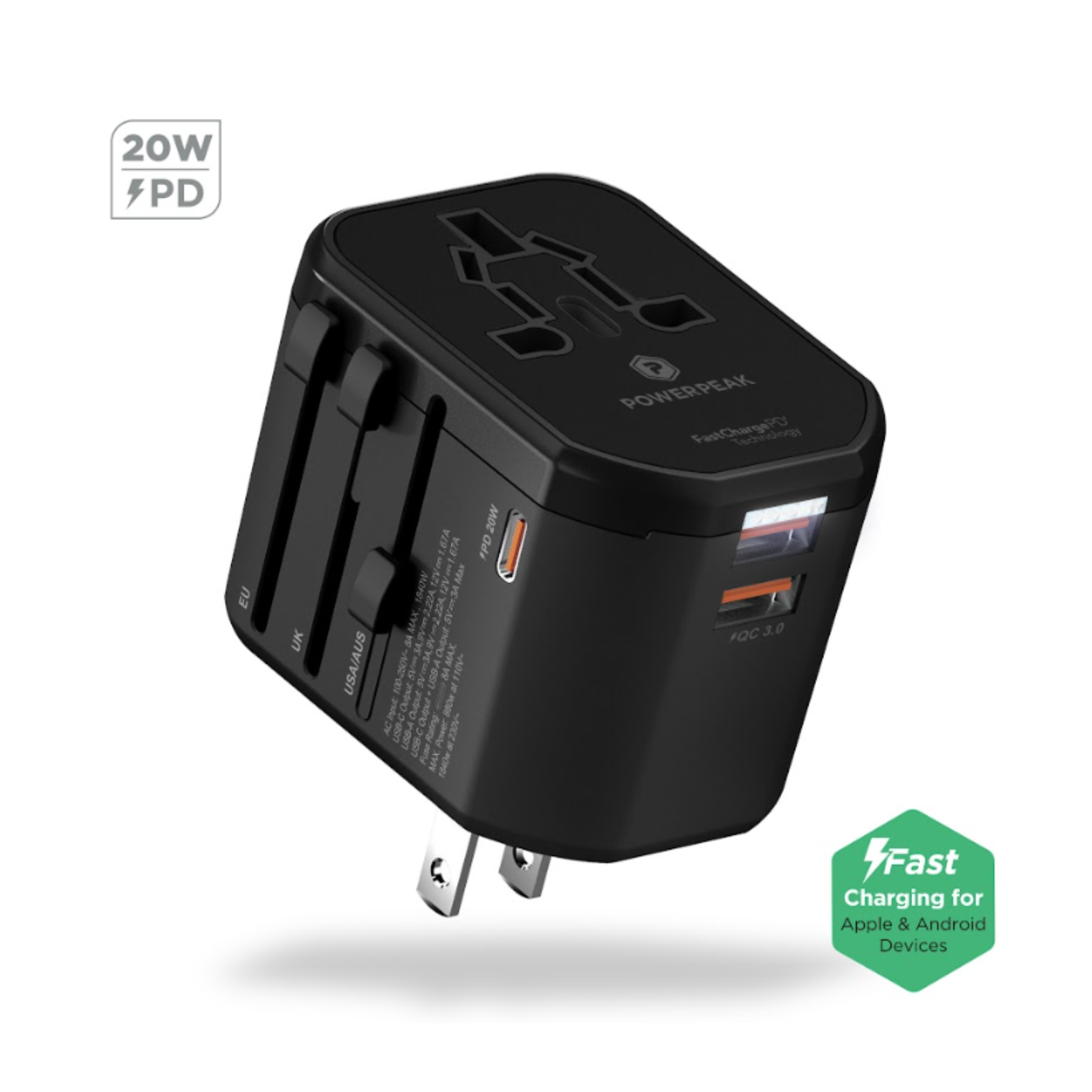 Imagen de Adaptador PowerPeak Adaptador de corriente internacional USB C 18W PD