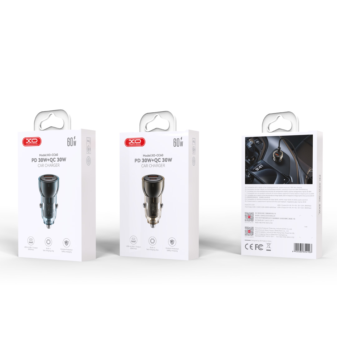 Cargador para automóvil XO para carro 30W / 60W en color negro