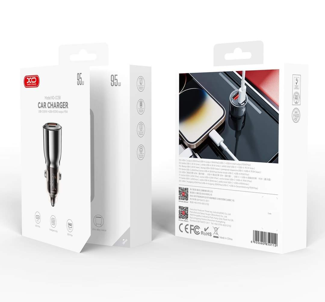 XO intelligent transparent metal car charging A+C=95W (MAX) en color gris