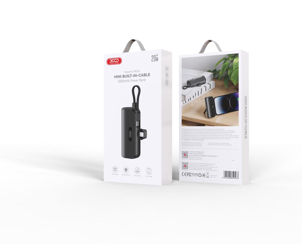 Power bank XO LIGTNING (TYPE C CABLE) 5,000 mAh en color negro