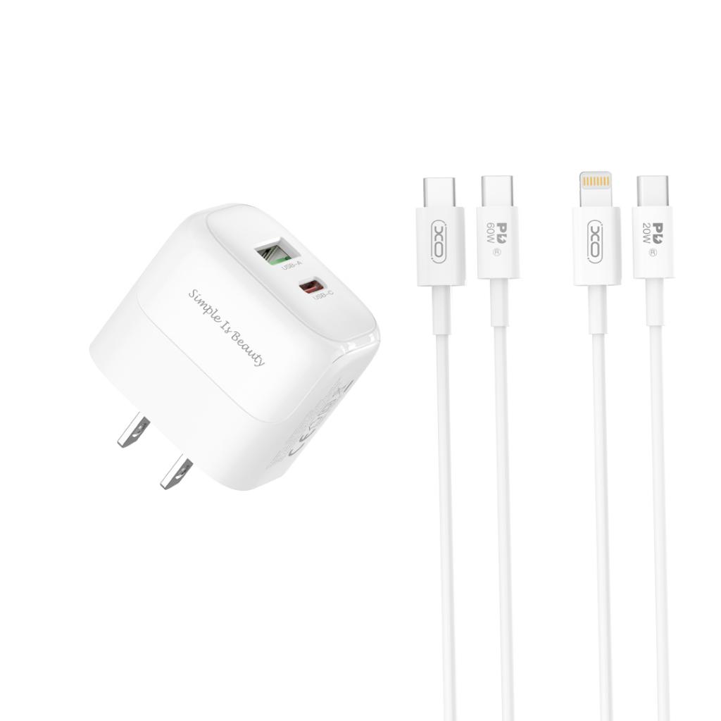 Cargador XO rápido 20W / 18W USB A + USB C con cable USB C en color blanco