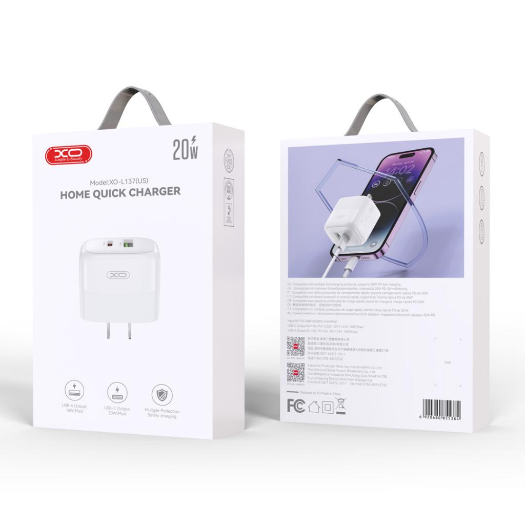 Cargador XO rápido 20W / 18W USB A + USB C con cable USB C en color blanco