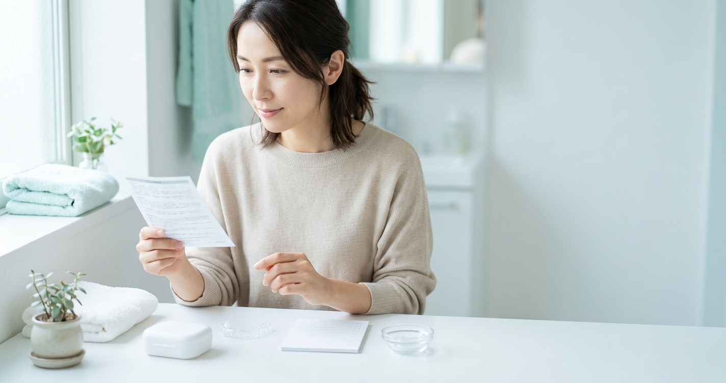 自宅ホワイトニングを始める前に、透明なトレーと使用説明を確認する日本人女性