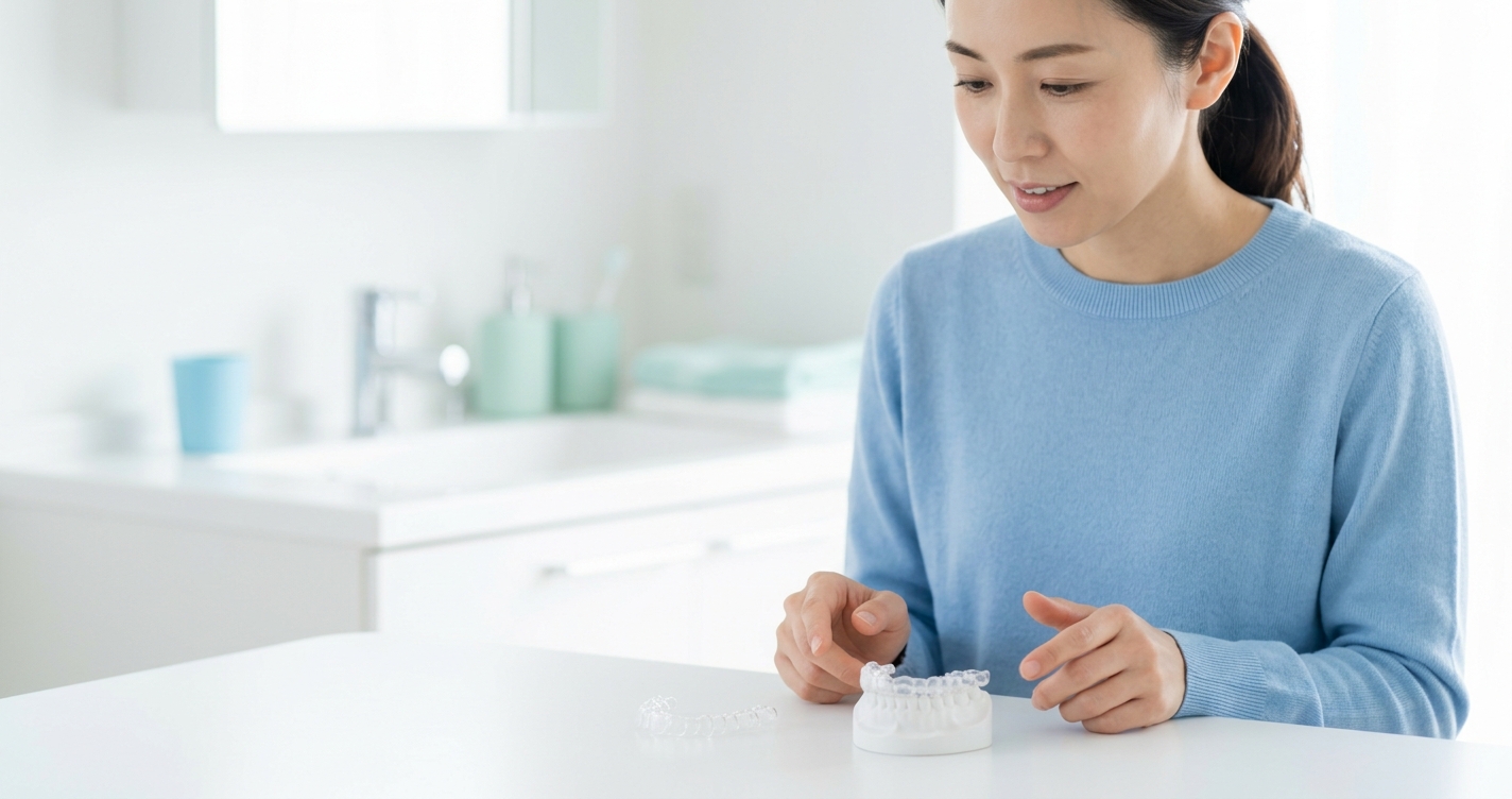 自宅の明るいテーブルで、歯列模型に沿った透明トレーと一般的な既製形状のトレーを比較する日本人女性