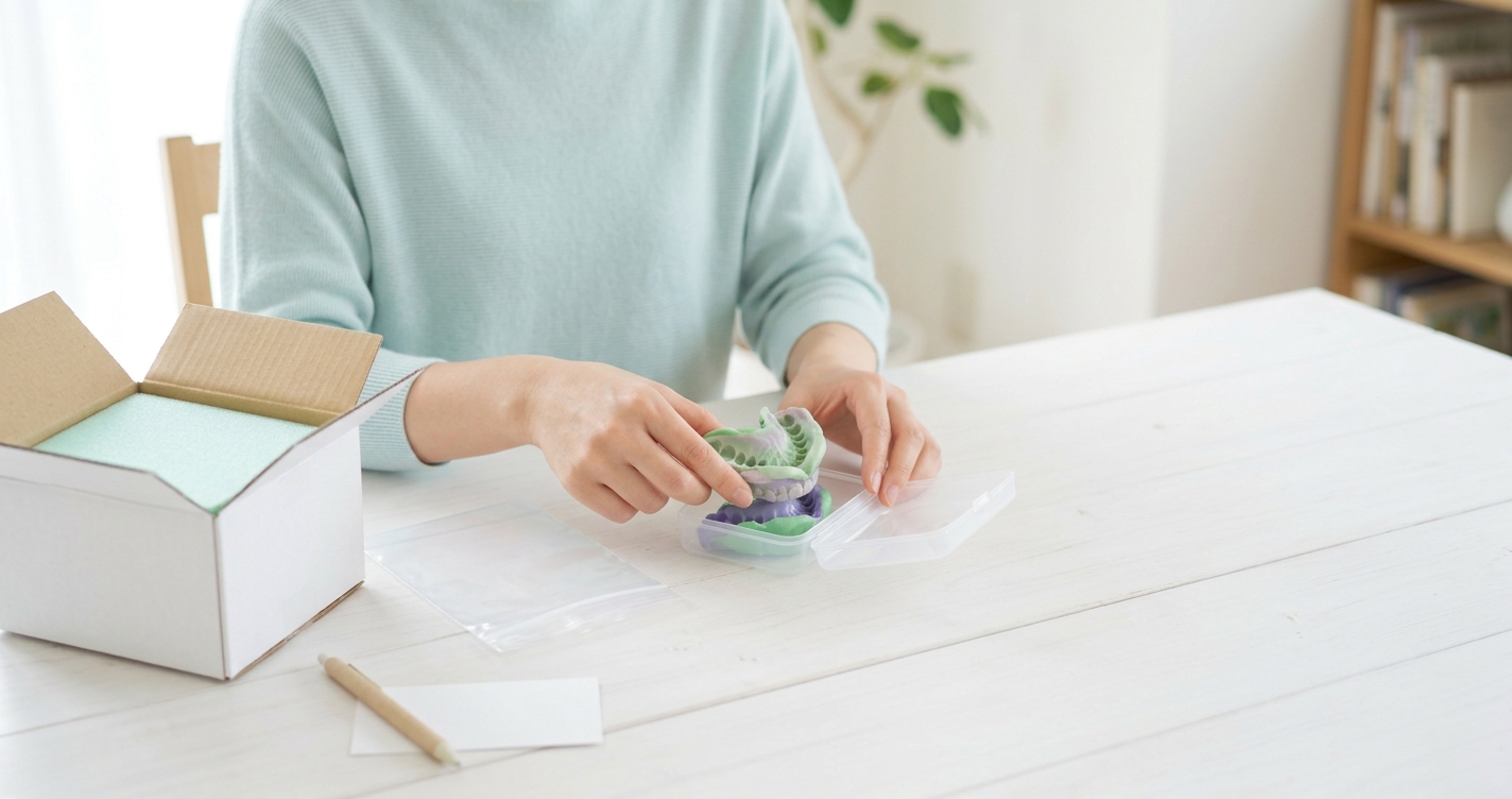 自宅の明るいテーブルで、採取した歯型を保護容器と緩衝材を使って返送用の箱へ梱包している様子。