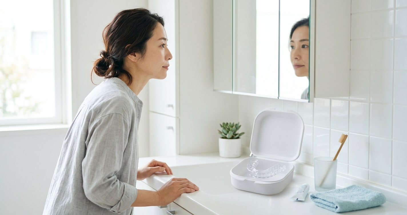 明るい自宅で口元を確認する女性と、白いテーブルに置かれた透明なナイトガードと保管ケース。