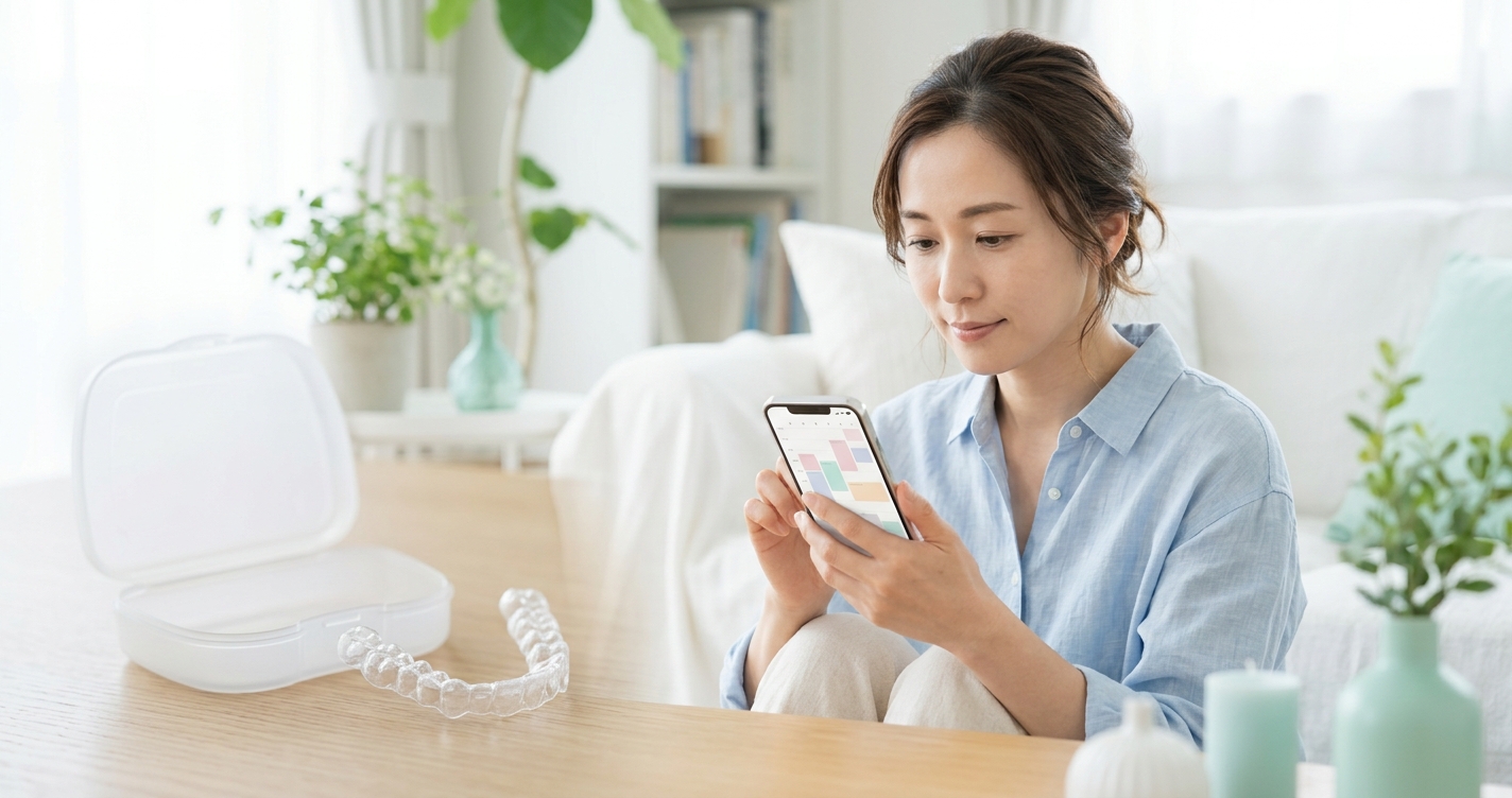自宅の明るい室内で、透明なホワイトニングトレーをそばに置き、スマートフォンで使用予定を確認する日本人女性。