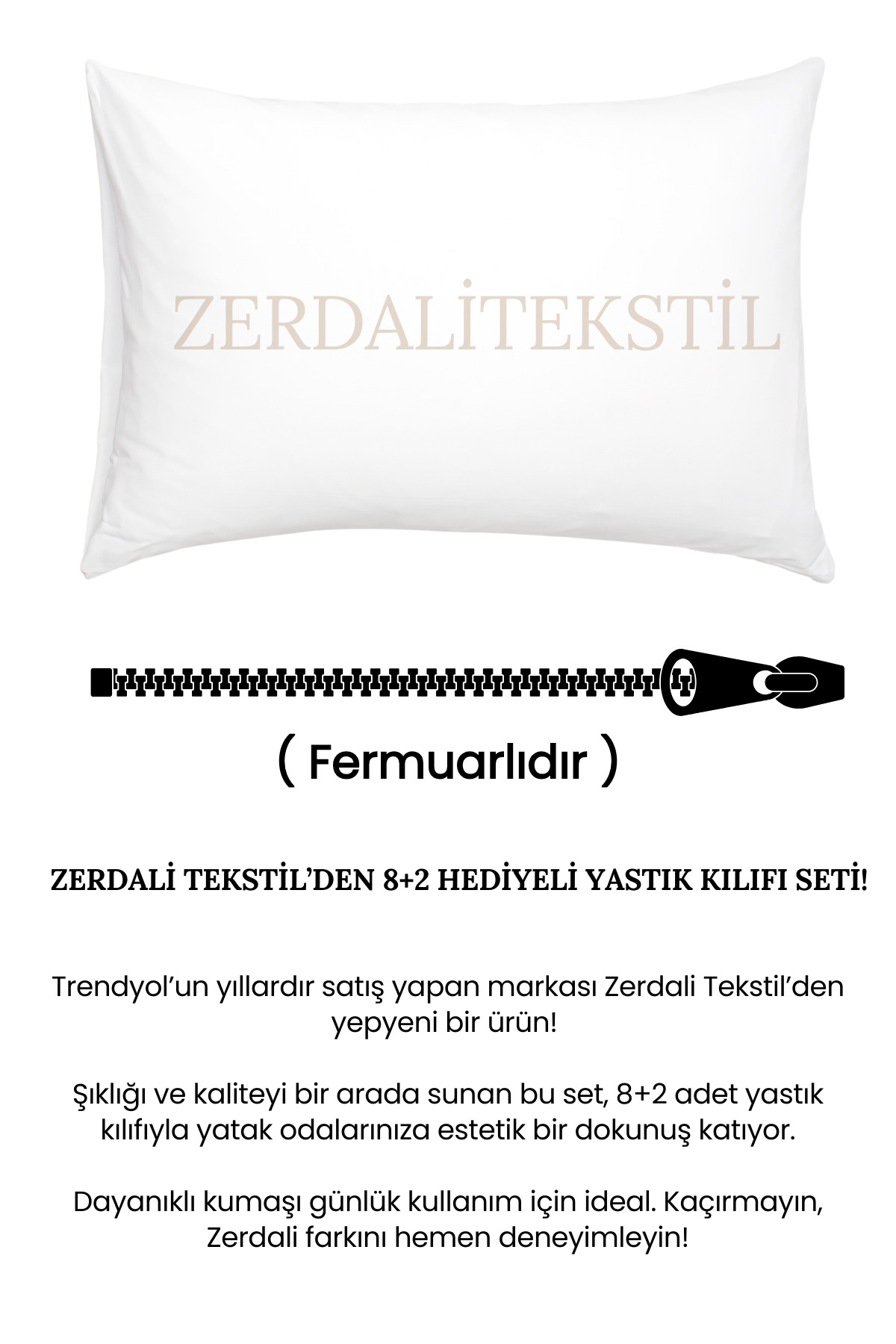 8+2 Hediyeli 10 Adet Beyaz Fermuarlı Yastık Kılıfı 50x70 Cm detay 3