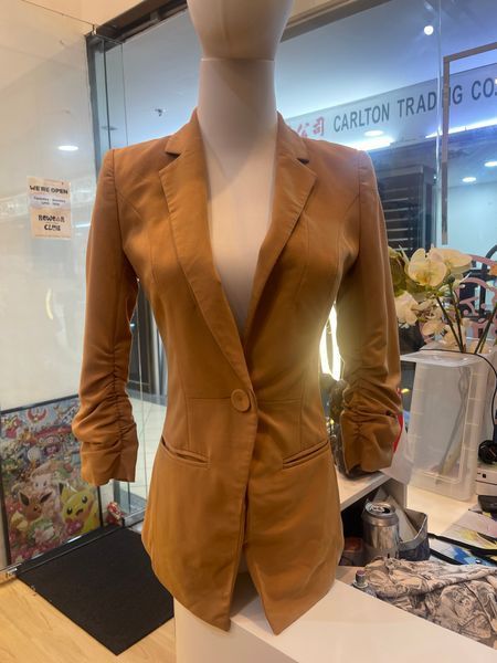 Women's Tan Ruched Sleeve Blazer