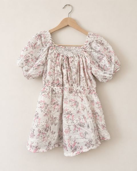 Floral Puff Sleeve Smocked Dress with Eyelet Trim