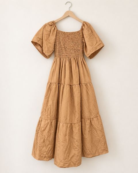 Women's Smocked Tiered Midi Dress with Puff Sleeves