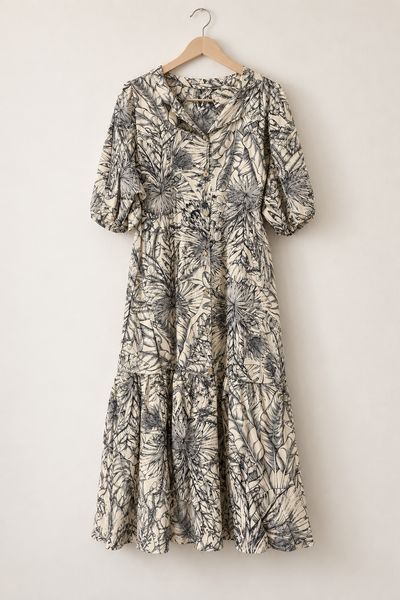 Tropical Print Tiered Midi Dress