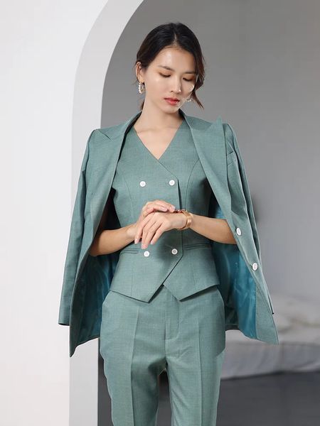 3 piece Light Sea Green Single Breasted Vest Corporate Set with Coat and Pants