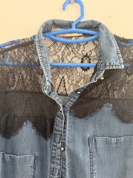 Blue Denim Button-Up Top with Black Lace Detail