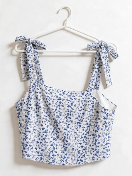 Le Chic: White & Blue Floral Tie-Shoulder Cropped Camisole Top