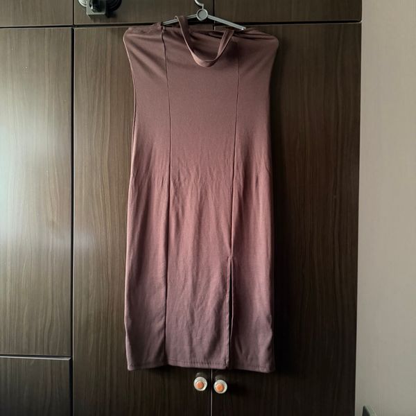 Brown Ribbed Knit Halter Neck Midi Dress
