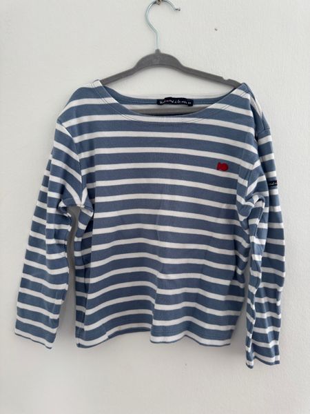 Blue Striped Long Sleeve Top with Red Heart Embroidery