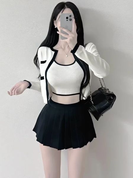 2pc White Black Ribbed Long-Sleeved Knit Cardigan and Camisole