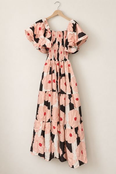 Pink Floral Smocked Tiered Maxi Dress