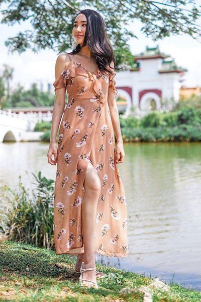 Lovet Cassidy Floral Drop Shoulder Maxi Slit Dress - Camel, XS
