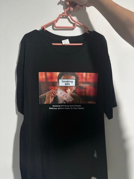 Black Graphic Tee with 'Smoking Kills' Warning Print