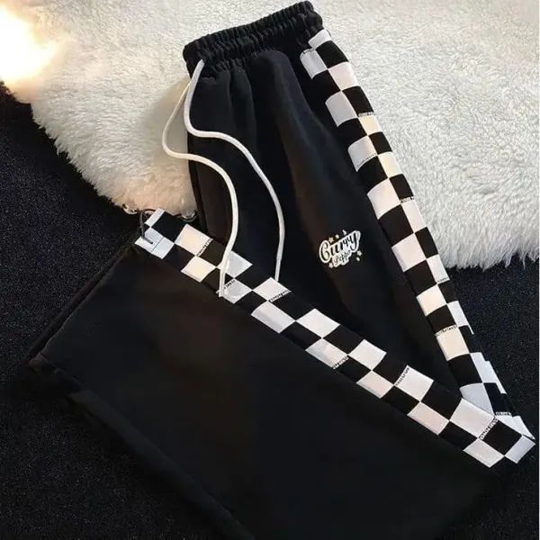 Black Checkered Stripe Drawstring Sweatpants