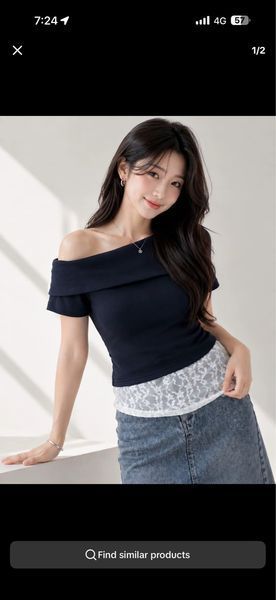 shopsassydream Kattie Dark Blue Off-Shoulder Top with White Lace Trim