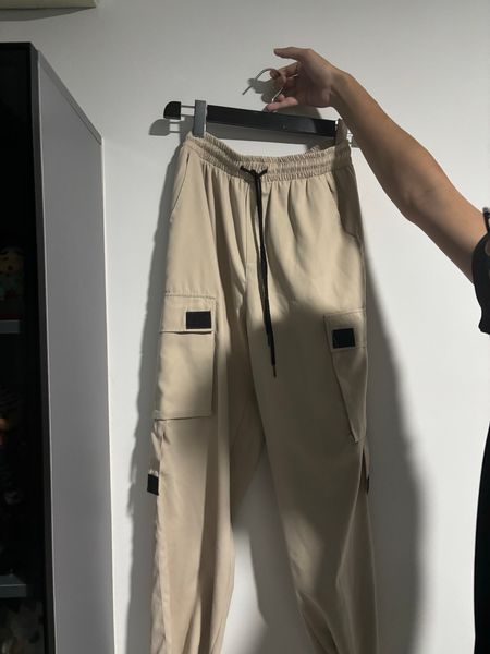 Beige Cargo Pants with Elastic Waist and Pockets